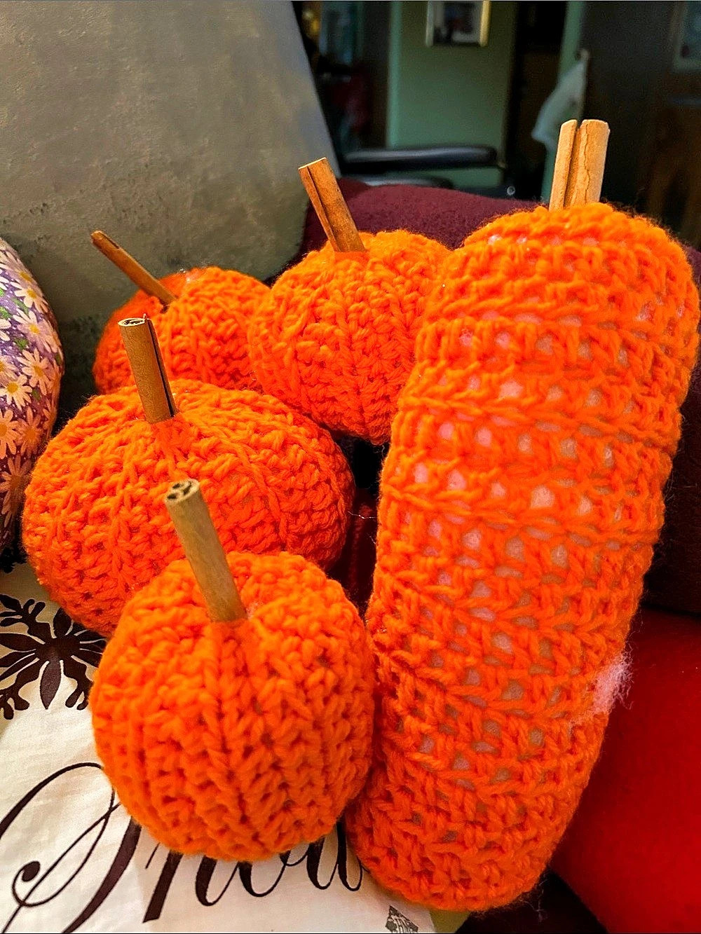 Crocheted Orange Pumpkin and Gourd Decor Set
